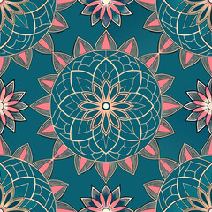 Seamless pattern of decorative floral mandalas in teal and pink