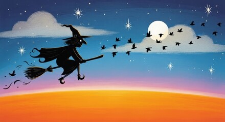 Silhouette of a witch flying on a broomstick against a starry night sky with a full moon
