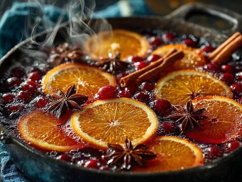 A pan filled with orange slices and cinnamon sticks. - Powered by Adobe