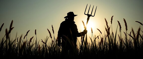 Silhouette of figure with pitchfork in tall grass, farmer, black and white