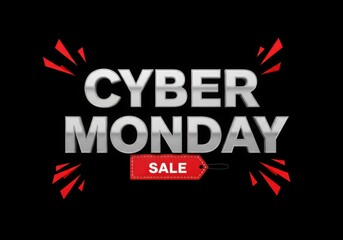 Silver cyber monday text with red sale tag on a dark promotional image
