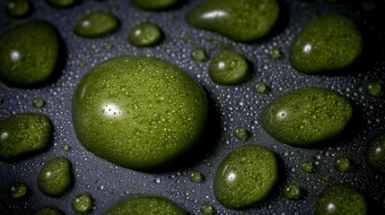 Close up of large and small green liquid drops on a textured dark surface