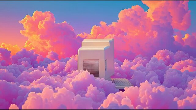 a vintage Windows 95 desktop computer floating in a sea of vibrant, fluffy clouds at sunset, surreal dreamscape, 8-bit pixel art, VGA graphics, low-res, nostalgic tech, glowing screen, visibl