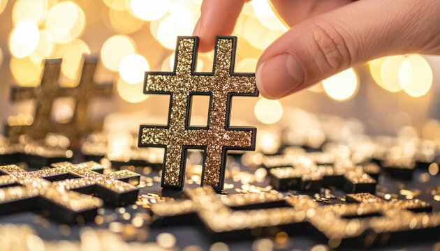 Hand Holding Glittery Gold Hashtag Symbol