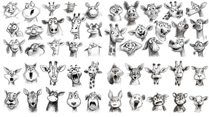 Set of funny giraffe faces illustration with comic expressions. Hand-drawn sketch character portraits of giraffes for kids design, stickers, and wildlife art projects.