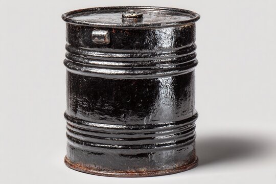 Black metal barrel with rust, industrial storage container on plain background