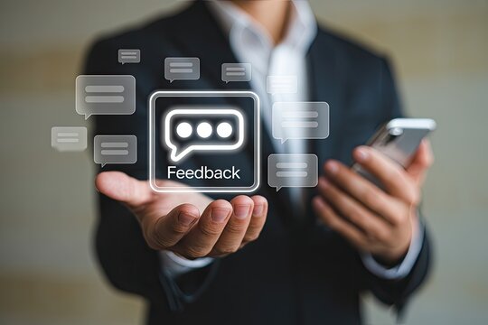 Business professional holding a smartphone and displaying a glowing feedback icon with surrounding communication bubbles representing customer engagement and digital interaction