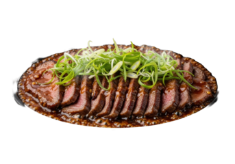 Photorealistic close-up of sizzling Mongolian beef, tender slices, rich sauce, green scallions on hot cast-iron plate, isolated on transparent, shallow depth of field, appetizing gourmet food concept