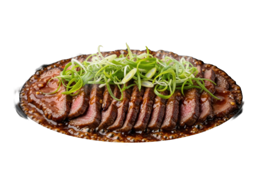 Photorealistic close-up of sizzling Mongolian beef, tender slices, rich sauce, green scallions on hot cast-iron plate, isolated on transparent, shallow depth of field, appetizing gourmet food concept
