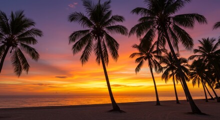 Obraz premium Silhouetted Palm Trees at Tropical Sunset Beach