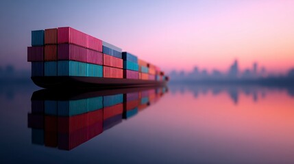 Fototapeta premium Cargo ship loaded with colorful containers sailing on calm water at sunrise with city skyline silhouette