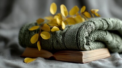 A folded cable knit sweater lies on an open book with yellow leaves wool