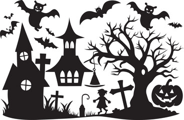 Spooky Halloween Night Silhouette with Haunted Houses Bats and Graveyard