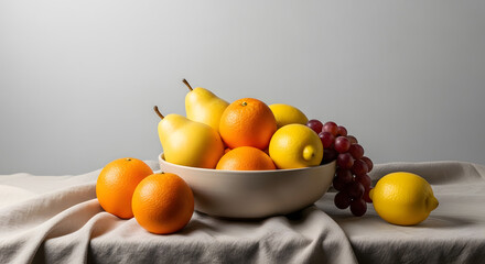 Classic still life composition of fresh citrus fruits, pears, and grapes in a ceramic bowl on a linen tablecloth.
