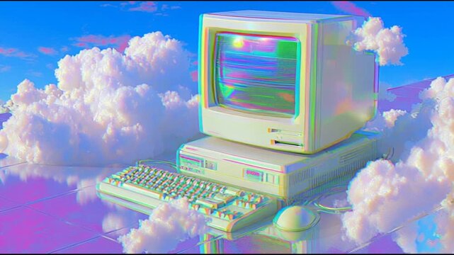 old computer, y2k, nostalgic, blue sky white clouds, noise, in soft pastel toens, A retro 2000s, Photorealistic, atmospheric, retro-futuristic with pastel cyberpunk vibes 1 --aspect 256_143_4K_10s - Powered by Adobe
