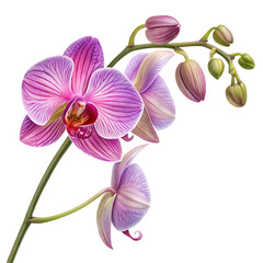 Obraz premium A delicate branch of purple and pink phalaenopsis orchids with multiple buds, showcasing intricate petal patterns and a vibrant center, isolated on a clean transparent background