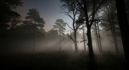 Naklejka premium Mystical Foggy Forest at Dawn with Sunbeams and Silhouetted Trees