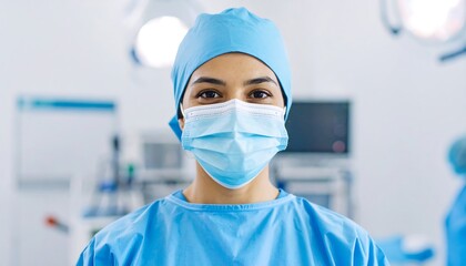 A female surgeon in scrubs and mask smiles directly at the camera in an operating room