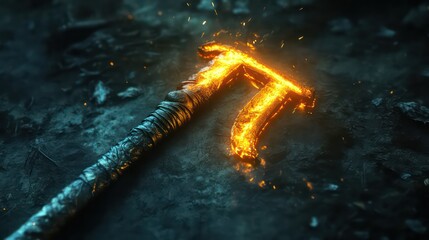 Glowing Axe with Fiery Blade and Detailed Handle on Dark Surface