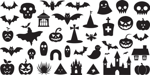 Halloween Silhouette Vector Set with Bats Pumpkins Ghosts Skulls and More