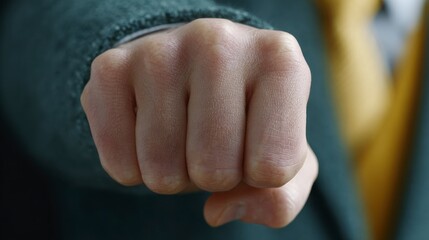 Obraz premium Close up of a clenched fist showing knuckles and skin texture a person wearing a dark jacket