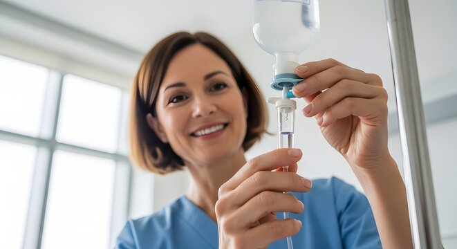 Caring healthcare professional preparing IV drip, symbolizing dedicated patient care and medical expertise in a modern hospital setting.