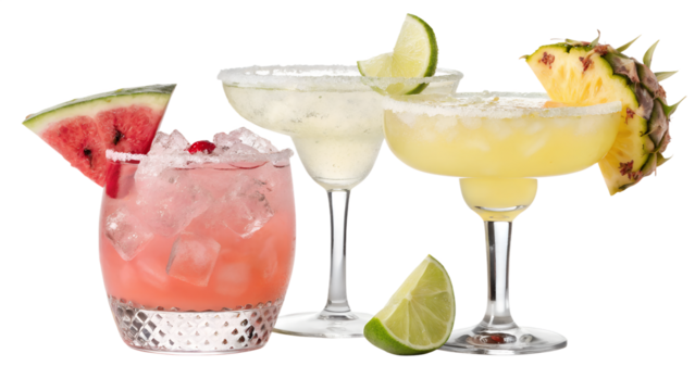 Three colorful cocktails with fruit garnishes on a black background