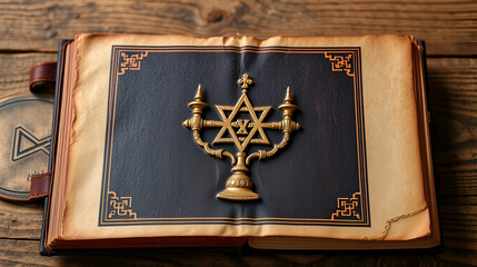 Old book Talmud, Hebrew Rabbinic Judaism, Jewish religious law. Torah, Hebrew Bible. Menorah on a dark cover. Holy Scripture containing the word of God. Antique edition, vintage worn paper