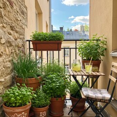 Fototapeta premium Urban Balcony Garden with Potted Herbs and Lemonade