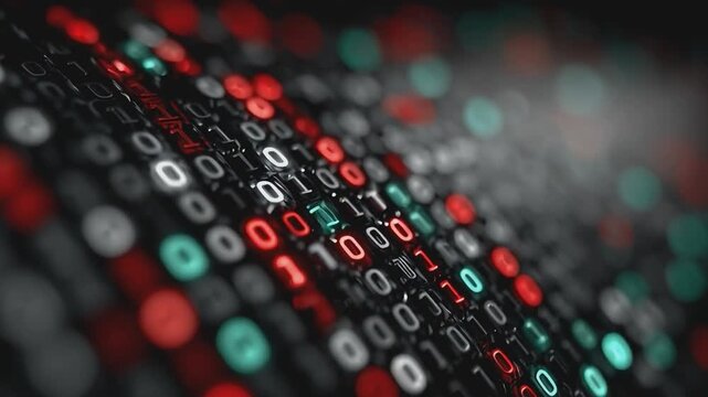 Binary Code in Motion: A digital tapestry of binary digits cascades across a dark, mesmerizing background, creating a visually compelling representation of the unseen world of data and information.