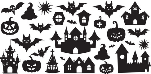 Halloween Silhouettes Spooky Pumpkins Bats Haunted Houses and Other Creepy Icons