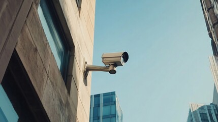 High tech CCTV camera mounted on the corner of a modern building monitoring the surrounding urban street with clear skies and city buildings in the background showcasing security in a busy area