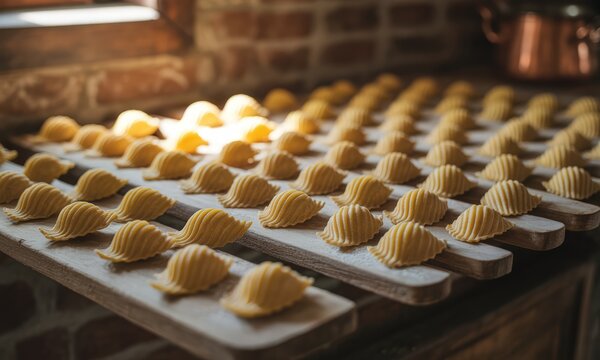 Fresh Raw Pasta Shells on Wooden Trays in Rustic Kitchen