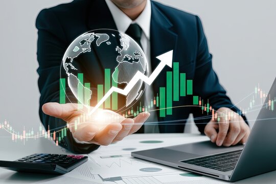 Businessman holding a glowing digital globe with upward trending stock market charts and financial data overlay