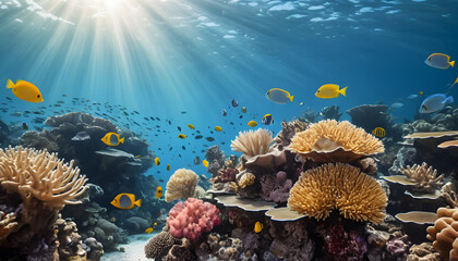 Obraz premium Vibrant underwater coral reef ecosystem with schools of colorful tropical fish swimming in clear blue ocean water under sunbeams.