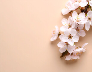 Delicate branches of light pink cherry blossoms, some in full bloom and others as closed buds, are arranged on a soft beige background. A fallen petal rests gently near the center, creating a peaceful