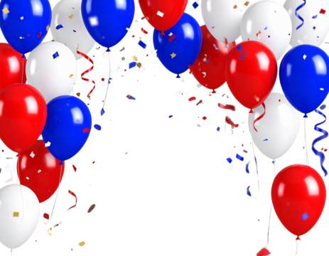 3D red, white, and blue balloons with confetti isolated on transparent background PNG
