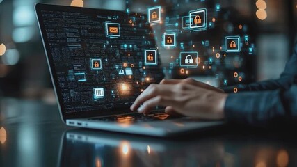 Cyber Fortress: A close-up shot of hands typing on a laptop, symbolizing the digital realm. Data streams flow, security, and technology. - Powered by Adobe