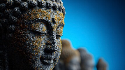 Close up of a stone Buddha statue with golden moss and blurred figures against a blue sky