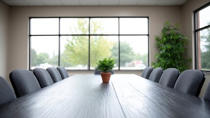 Conference room with dark table grey chairs and a potted plant by large windows