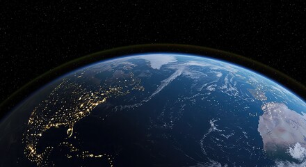 Earth orbiting in outer space with glowing city lights and cosmic stars behind, symbolizing digital age, environment, and planetary technology connection