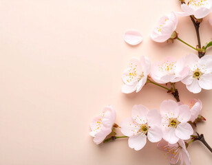 Delicate branches of light pink cherry blossoms, some in full bloom and others as closed buds, are arranged on a soft beige background. A fallen petal rests gently near the center, creating a peaceful