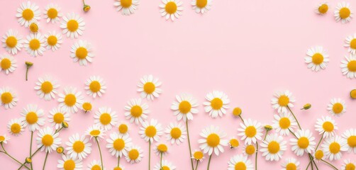 Pastel pink background features a flat lay of numerous chamomile flowers arranged in a simple geometric pattern,  top view,   soft