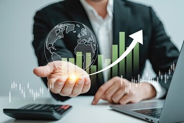 Businessman holding a glowing globe with a rising financial growth chart and arrow symbolizing global economic progress