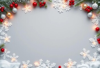 Pastel gray background features a Christmas frame composed of delicate snowflakes Ample copy space Flat lay, top view Winter scene,  light gray,  design