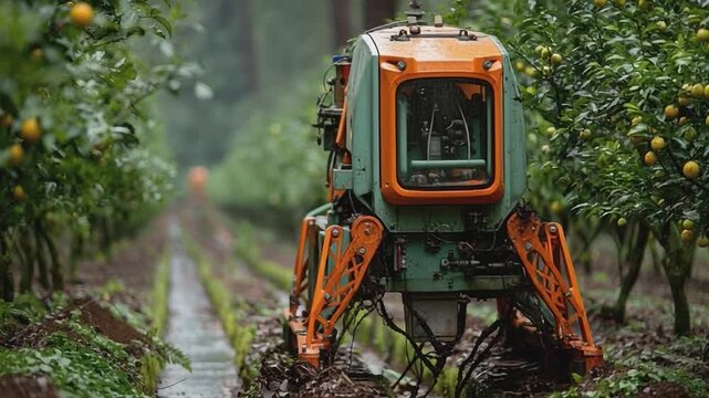Robotic Agriculture Automation: Capturing the essence of agricultural innovation, this image presents a robotic machine navigating seamlessly through rows of lush citrus trees.