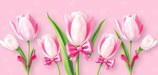 Obraz premium Kawaii white tulip & pink bow seamless pattern on heart polka dot background, textile, adorable