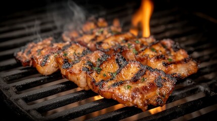 Six pieces of seasoned meat cooking on a hot grill with flames and smoke