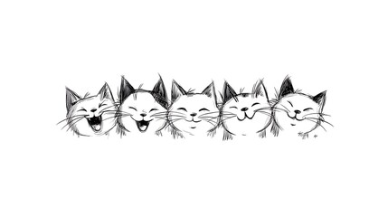 Obraz premium A charming hand-drawn ink sketch featuring a group of five happy and laughing cats in a row, showcasing joyful feline expressions on a clean white background.