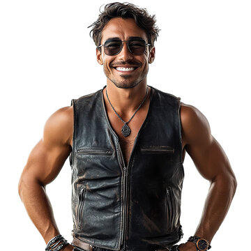 Front view mid-body shot of a male biker wearing a black leather vest and motorcycle chaps smiling isolated on a white transparent background